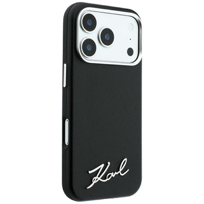 MagSafe-Hülle für Apple iPhone 18 Pro / 17 Pro, Karl Lagerfeld, Saffiano Small Script Metall-Logo, Schwarz