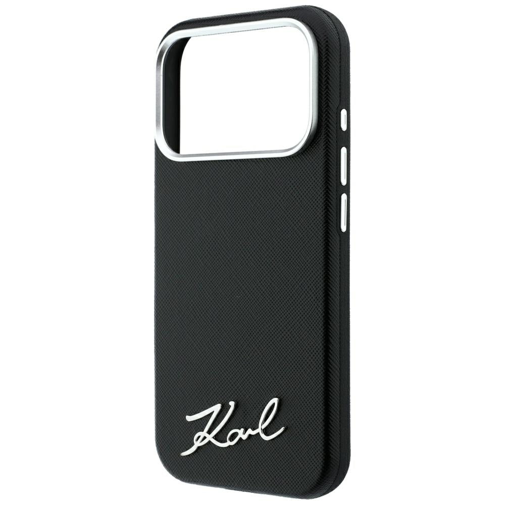 MagSafe-Hülle für Apple iPhone 18 Pro / 17 Pro, Karl Lagerfeld, Saffiano Small Script Metall-Logo, Schwarz
