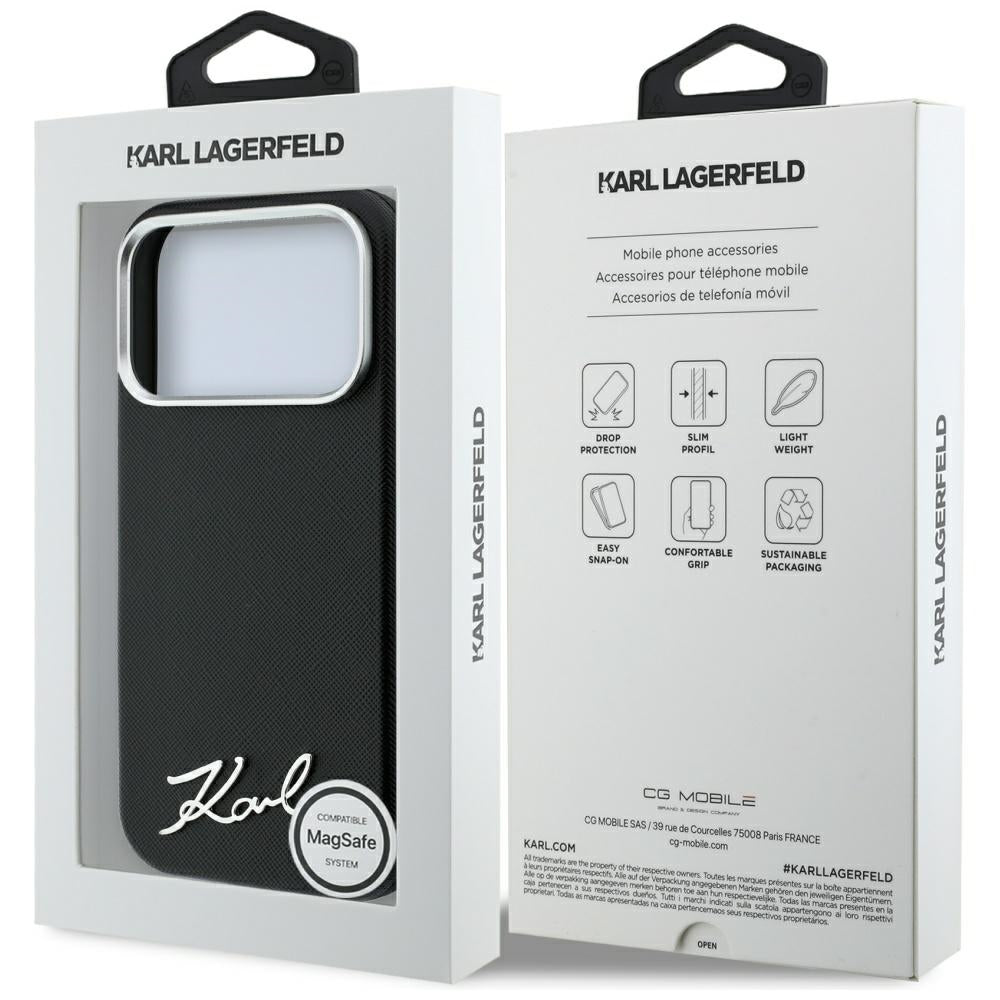 MagSafe-Hülle für Apple iPhone 18 Pro / 17 Pro, Karl Lagerfeld, Saffiano Small Script Metall-Logo, Schwarz