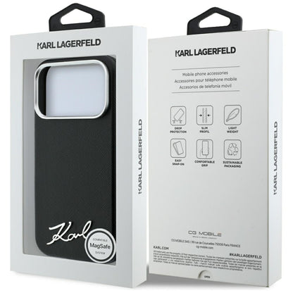 MagSafe-Hülle für Apple iPhone 18 Pro / 17 Pro, Karl Lagerfeld, Saffiano Small Script Metall-Logo, Schwarz