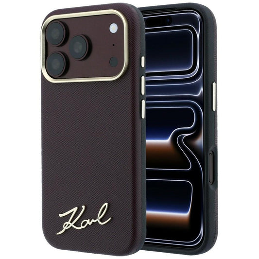 MagSafe-Hülle für Apple iPhone 18 Pro / 17 Pro, Karl Lagerfeld, Saffiano Small Script Metall-Logo, Weinrot