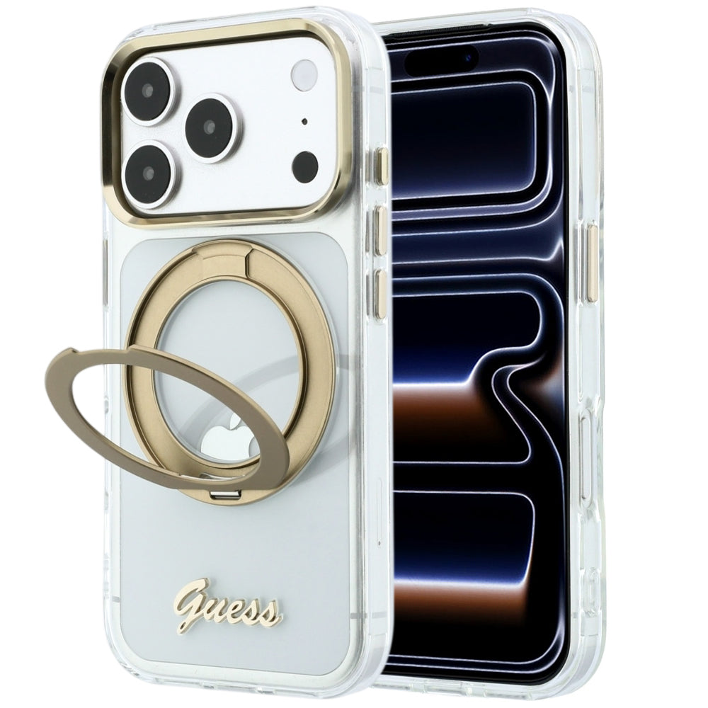 MagSafe-Hülle für Apple iPhone 18 Pro, Guess, Ring Stand Script Metall-Logo, Transparent