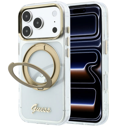 MagSafe-Hülle für Apple iPhone 18 Pro, Guess, Ring Stand Script Metall-Logo, Transparent