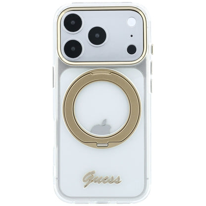 MagSafe-Hülle für Apple iPhone 18 Pro, Guess, Ring Stand Script Metall-Logo, Transparent