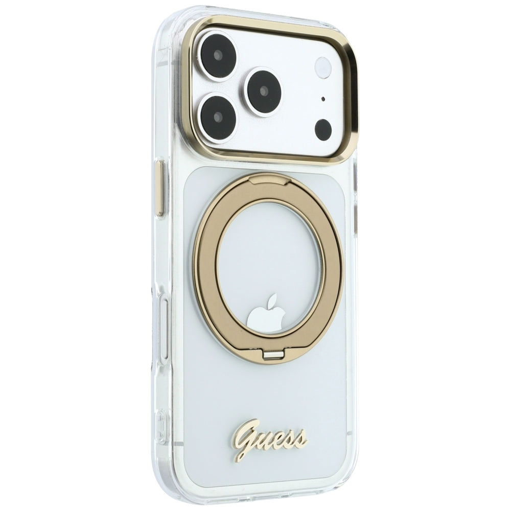 MagSafe-Hülle für Apple iPhone 18 Pro, Guess, Ring Stand Script Metall-Logo, Transparent