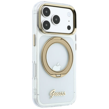 MagSafe-Hülle für Apple iPhone 18 Pro, Guess, Ring Stand Script Metall-Logo, Transparent