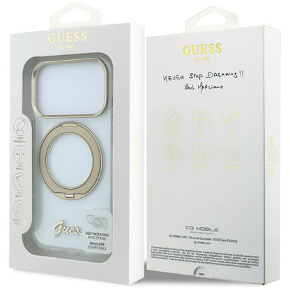 MagSafe-Hülle für Apple iPhone 18 Pro, Guess, Ring Stand Script Metall-Logo, Transparent