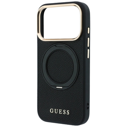 MagSafe-Hülle für Apple iPhone 18 Pro Max / 17 Pro Max, Guess, Grained Ring Stand 360 Classic, Schwarz