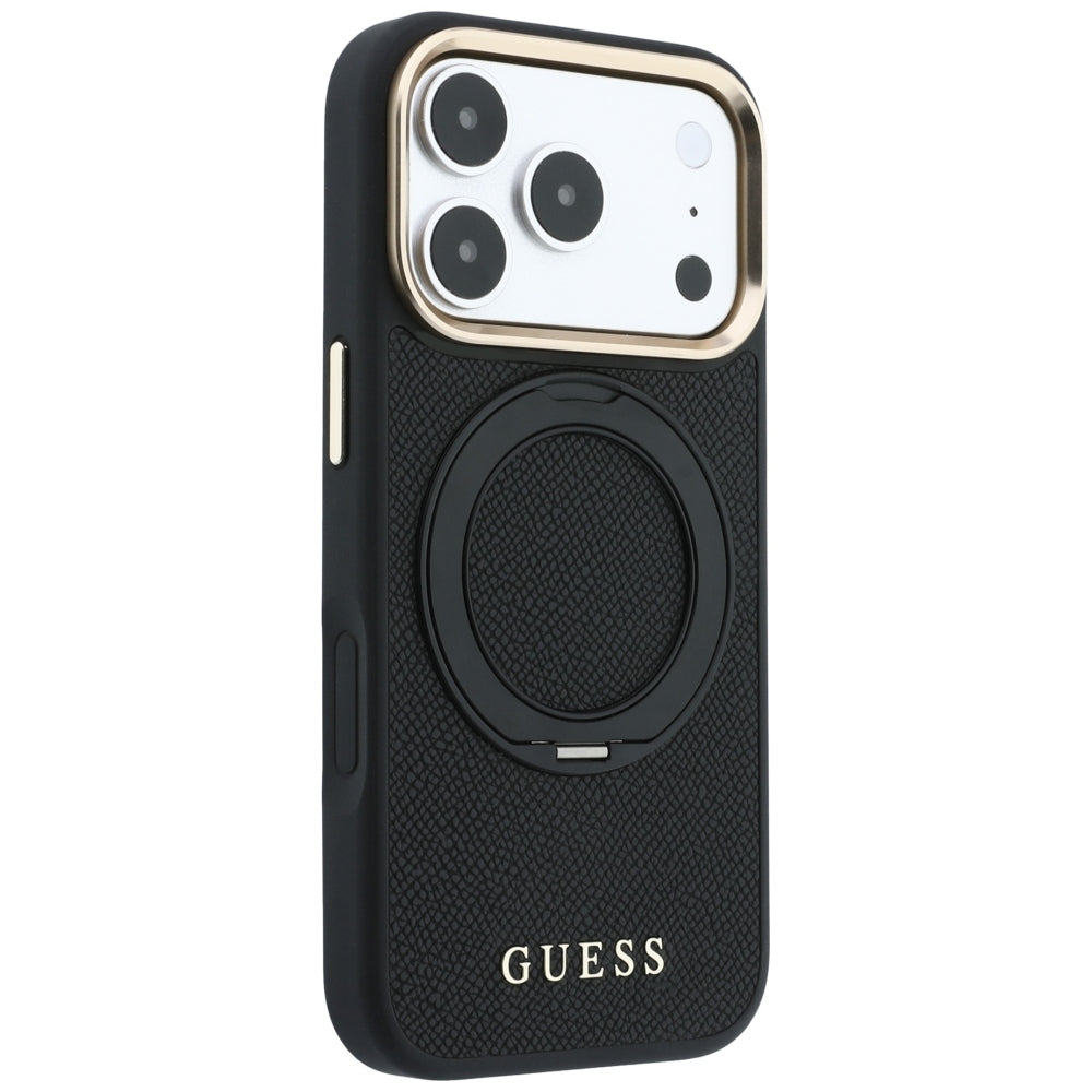 MagSafe-Hülle für Apple iPhone 18 Pro Max / 17 Pro Max, Guess, Grained Ring Stand 360 Classic, Schwarz