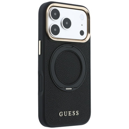 MagSafe-Hülle für Apple iPhone 18 Pro Max / 17 Pro Max, Guess, Grained Ring Stand 360 Classic, Schwarz