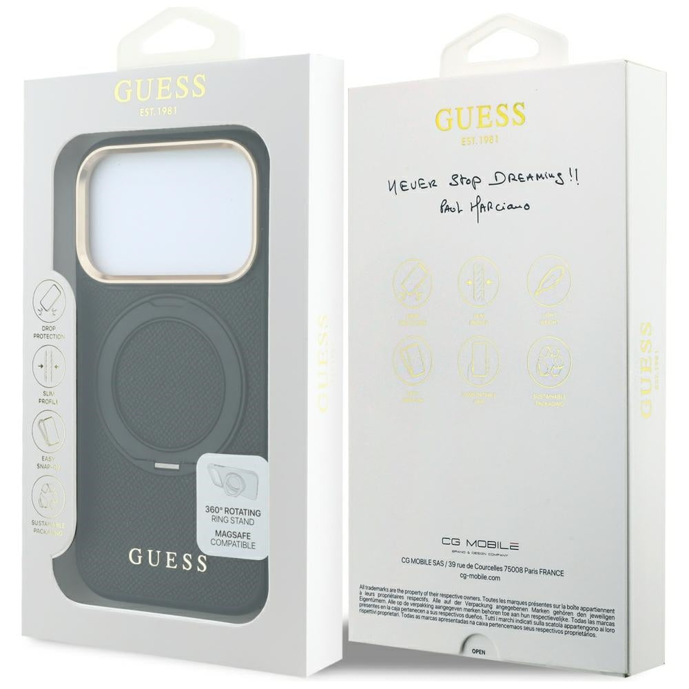 MagSafe-Hülle für Apple iPhone 18 Pro Max / 17 Pro Max, Guess, Grained Ring Stand 360 Classic, Schwarz