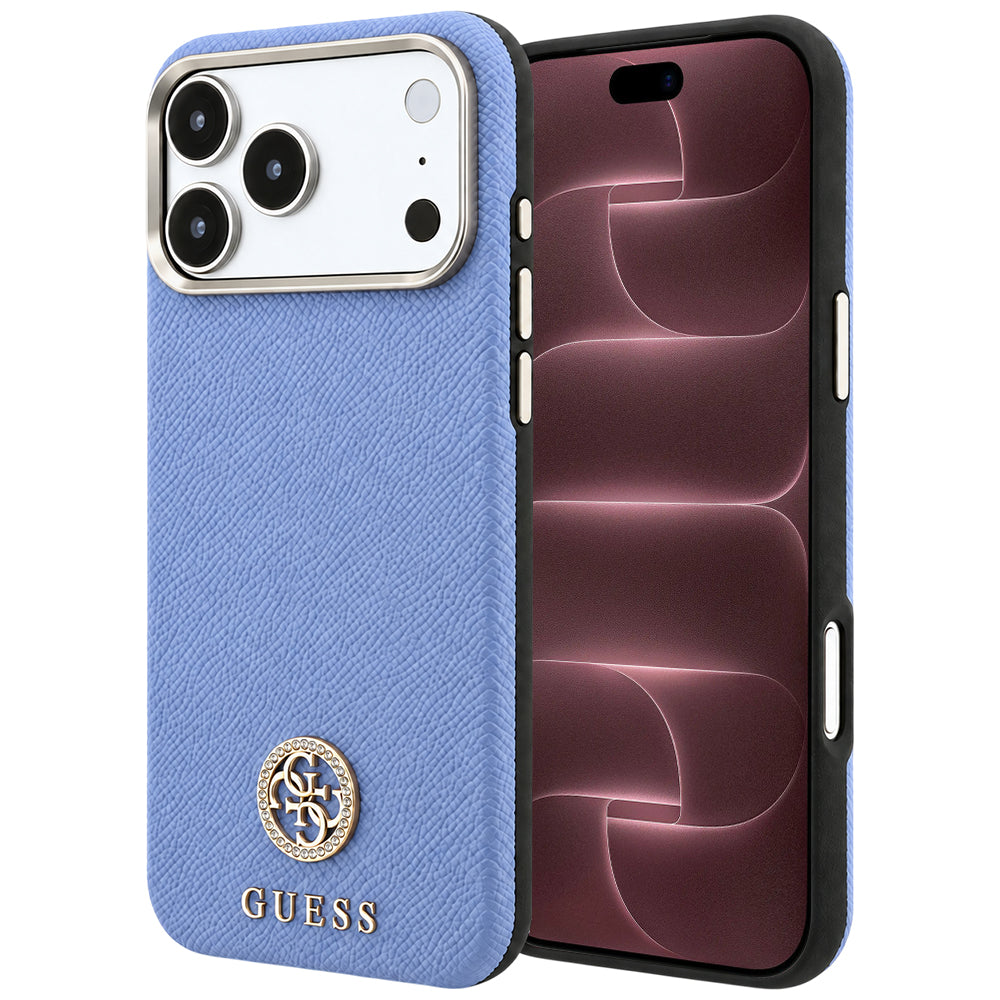 MagSafe-Hülle für Apple iPhone 18 Pro Max / 17 Pro Max, Guess, genarbtes rundes Strass-Logo, Blau