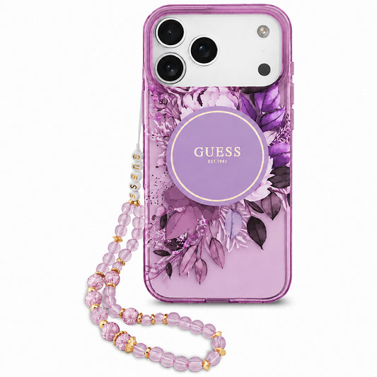MagSafe-Hülle für Apple iPhone 18 Pro Max / 17 Pro Max, Guess, IML Flowers with Pearl Strap, Lila