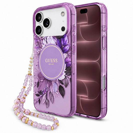 MagSafe-Hülle für Apple iPhone 18 Pro Max / 17 Pro Max, Guess, IML Flowers with Pearl Strap, Lila