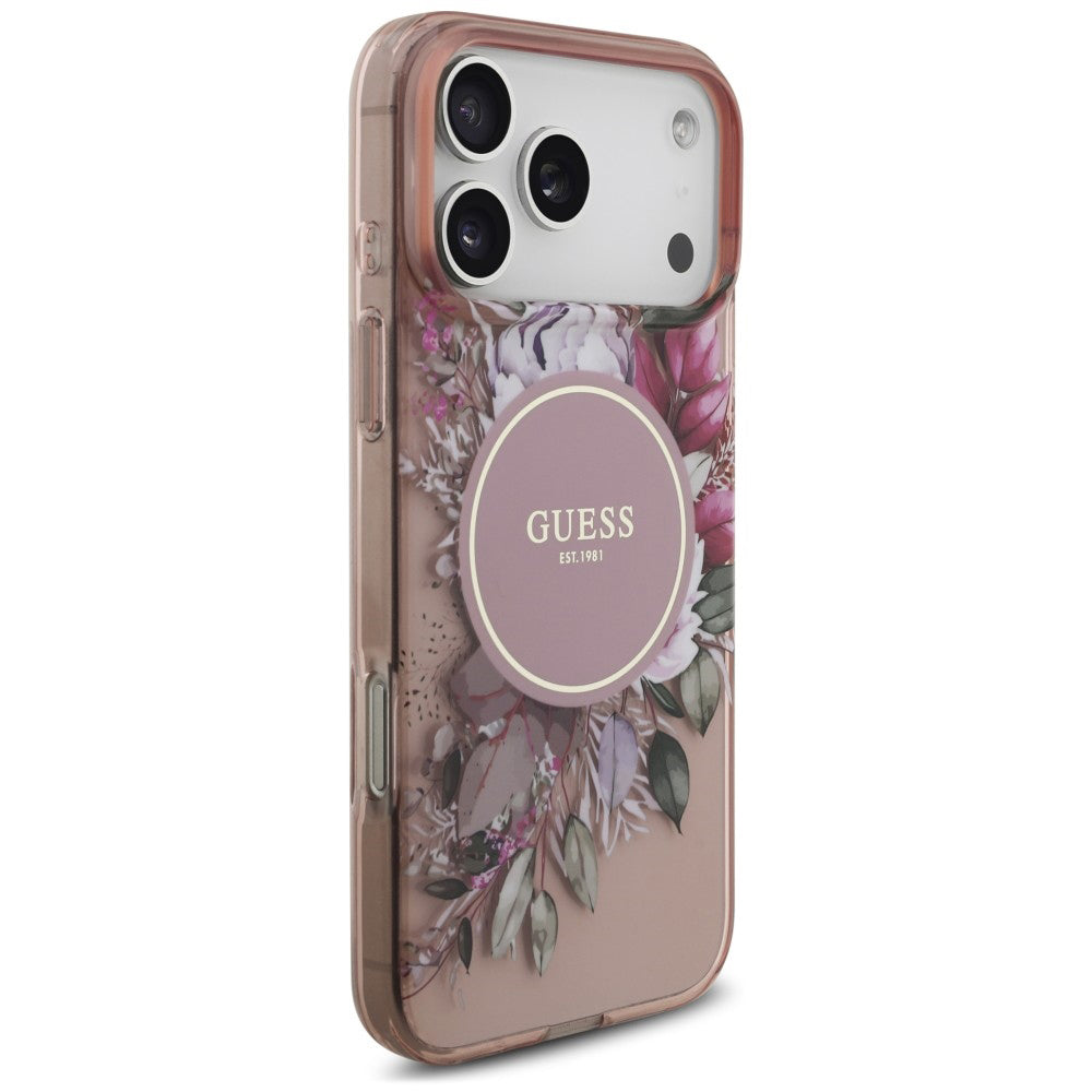 MagSafe-Hülle für Apple iPhone 18 Pro Max / 17 Pro Max, Guess, IML Flowers with Pearl Strap, Rosa