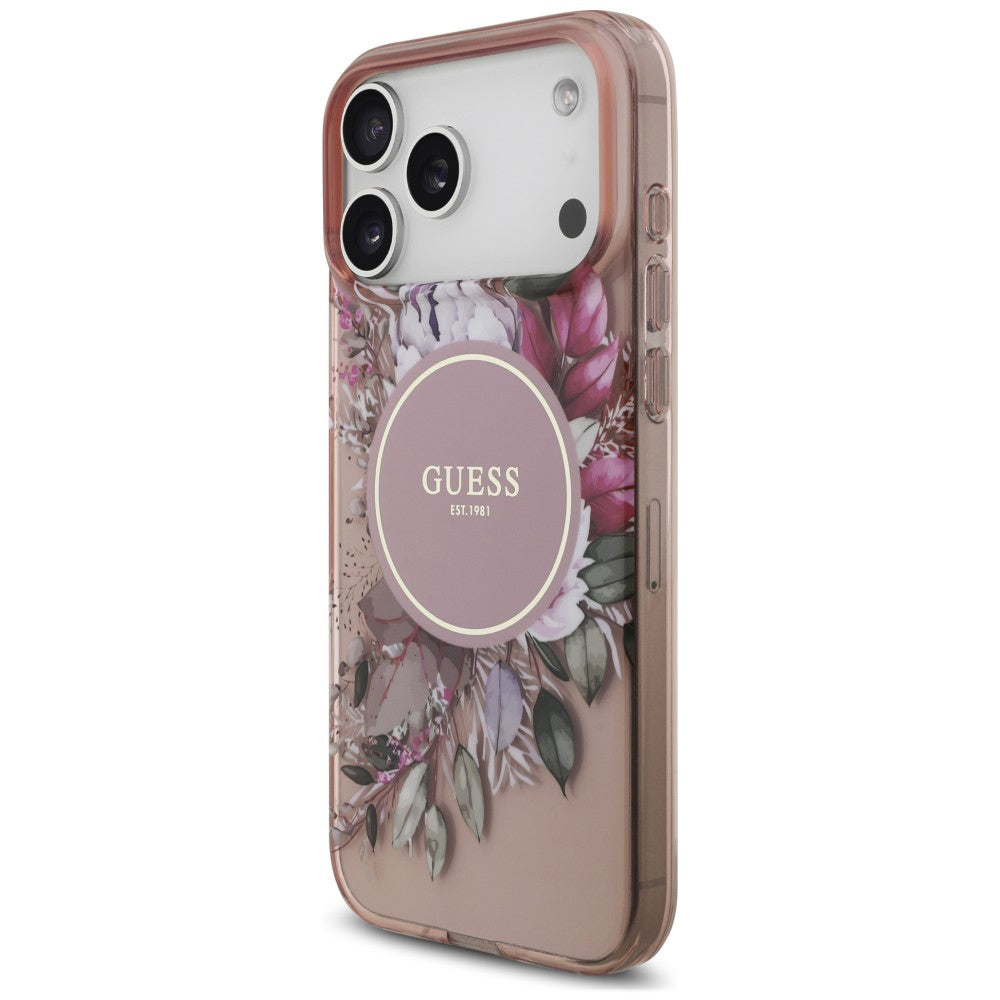 MagSafe-Hülle für Apple iPhone 18 Pro Max / 17 Pro Max, Guess, IML Flowers with Pearl Strap, Rosa