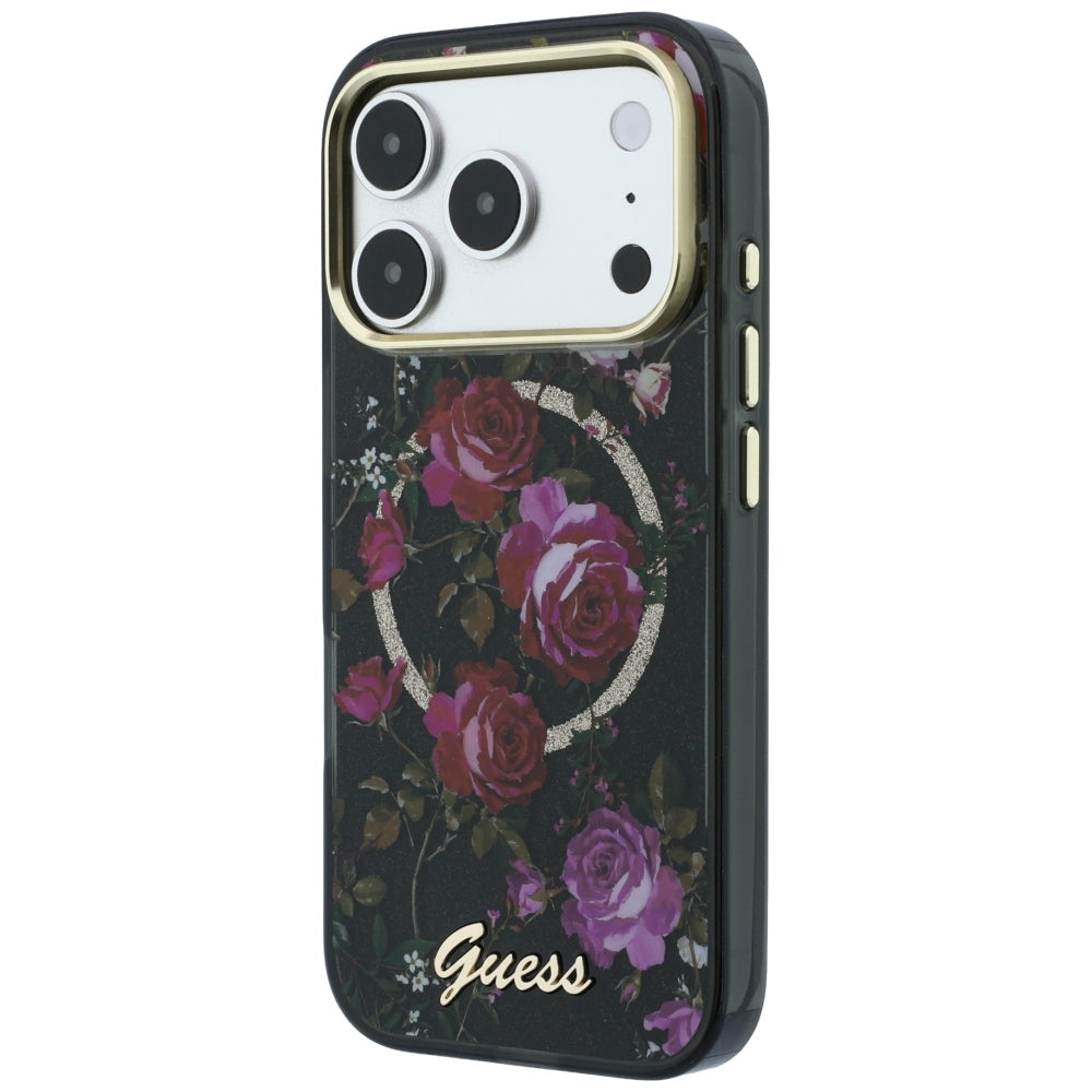MagSafe Case for Apple iPhone 18 Pro Max / 17 Pro Max, Guess, IML Glitter Blossom Roses, Black