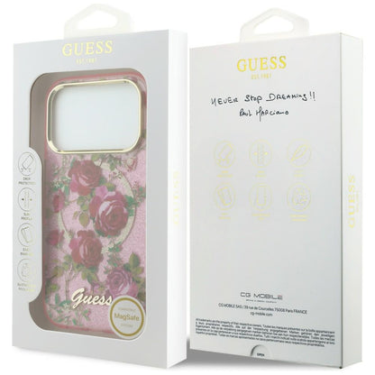 MagSafe Case for Apple iPhone 18 Pro Max / 17 Pro Max, Guess, IML Glitter Blossom Roses, Pink