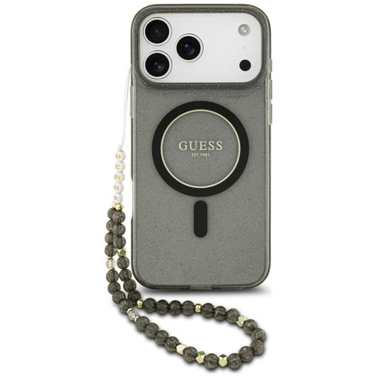 MagSafe-Hülle für Apple iPhone 18 Pro Max / 17 Pro Max, Guess, IML Glitter mit Perlenriemen, Schwarz