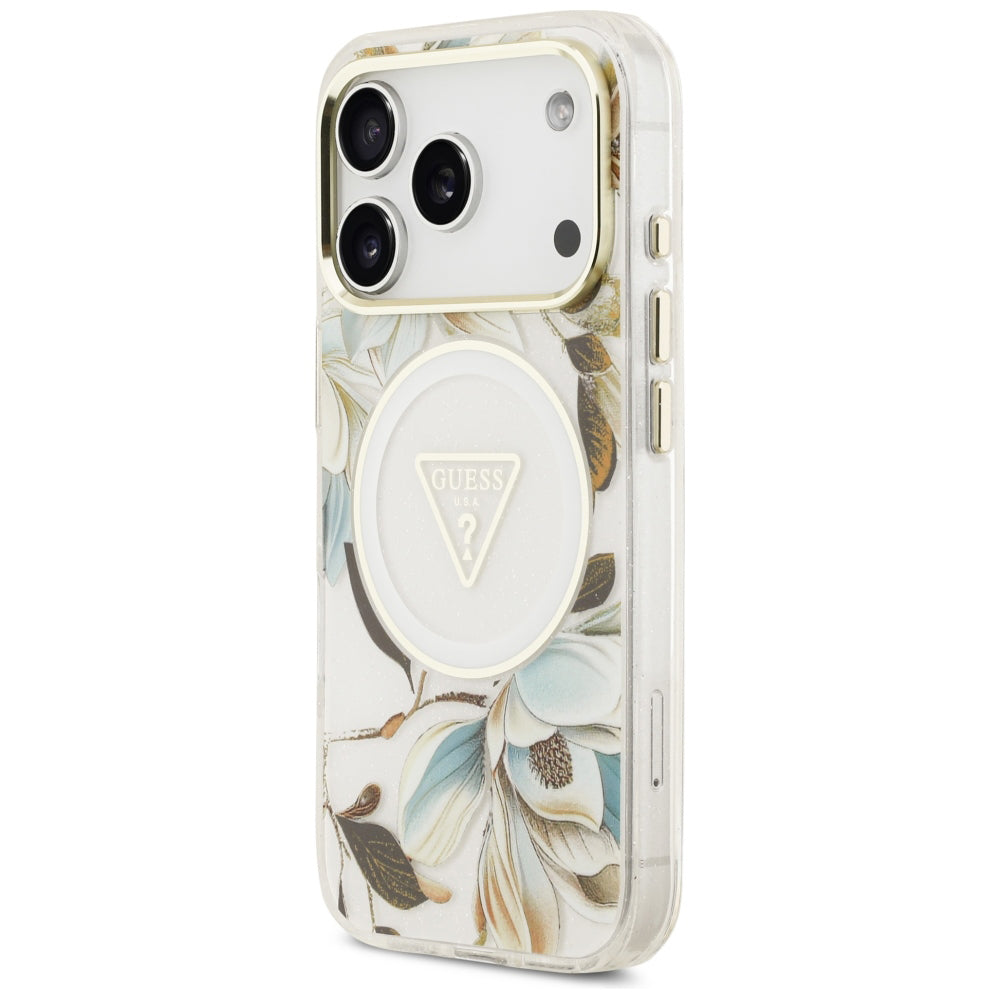MagSafe-Hülle für Apple iPhone 18 Pro Max / 17 Pro Max, Guess, IML Metal Glitter Flowers Triangle, Weiß