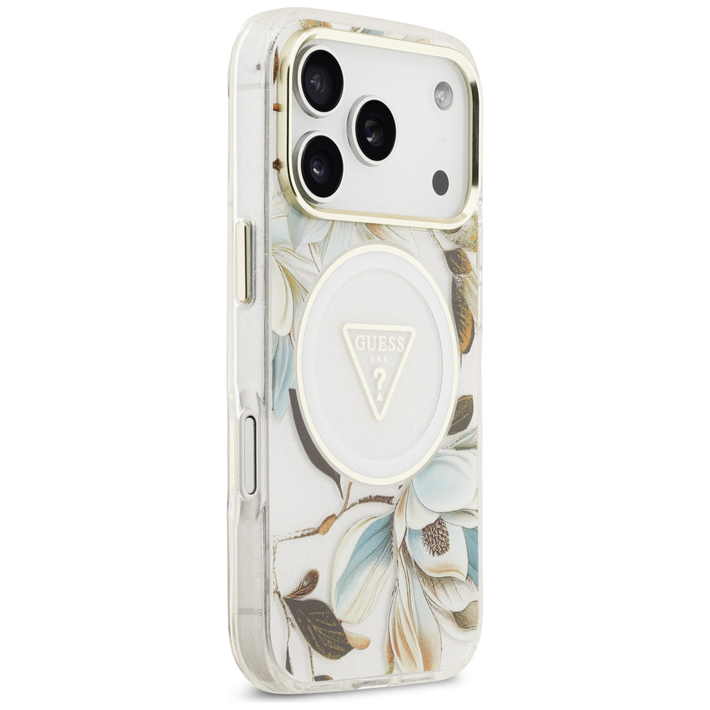 MagSafe-Hülle für Apple iPhone 18 Pro Max / 17 Pro Max, Guess, IML Metal Glitter Flowers Triangle, Weiß