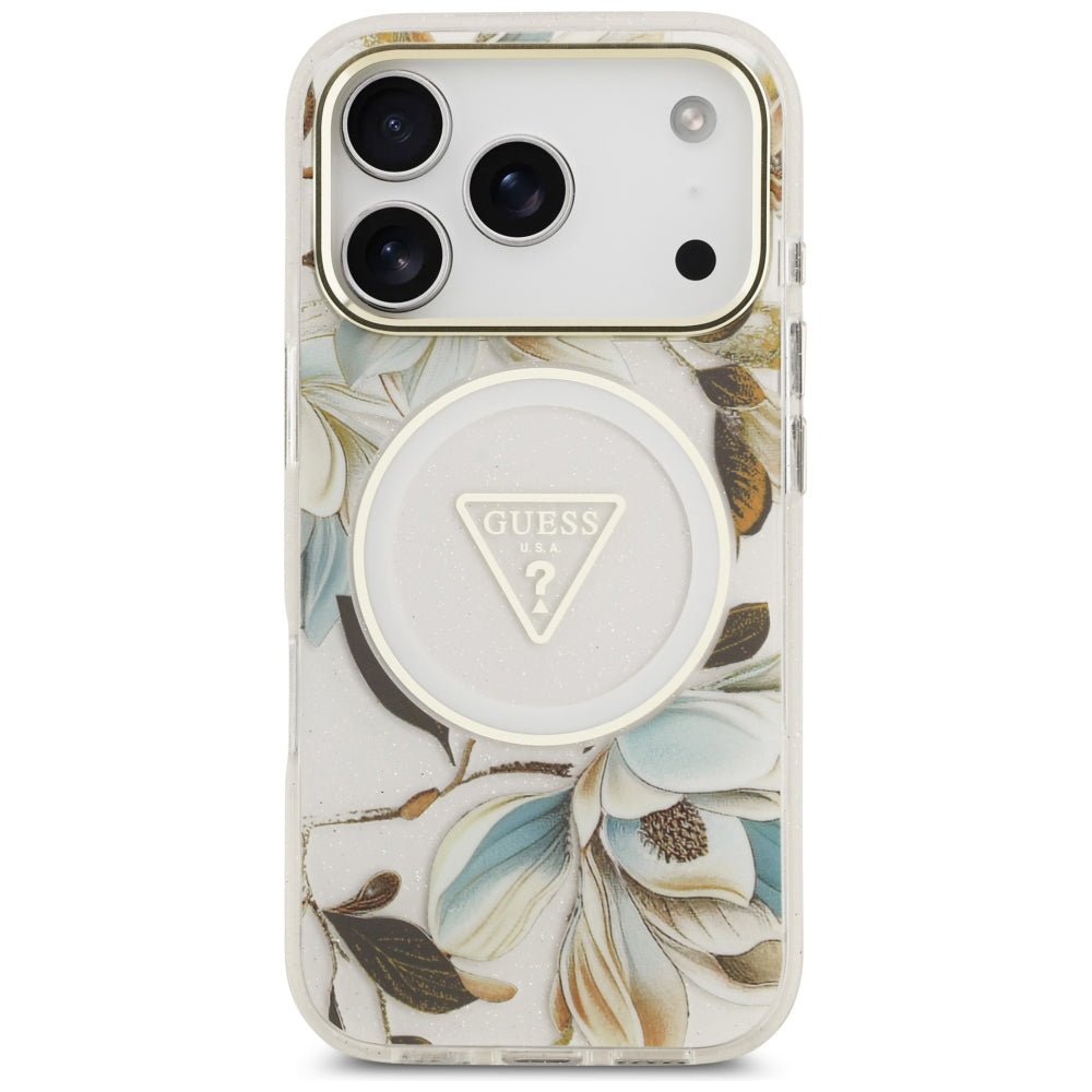 MagSafe-Hülle für Apple iPhone 18 Pro Max / 17 Pro Max, Guess, IML Metal Glitter Flowers Triangle, Weiß