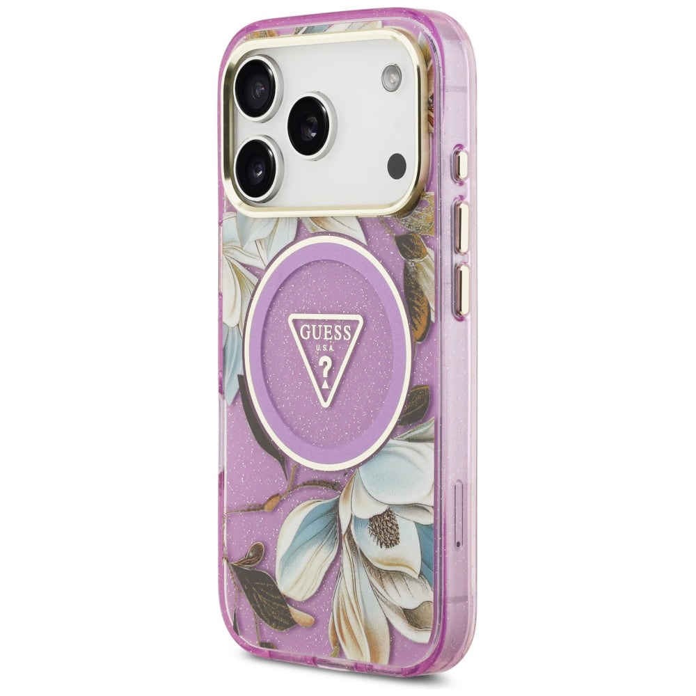 MagSafe-Hülle für Apple iPhone 18 Pro Max / 17 Pro Max, Guess, IML Metal Glitter Flowers Triangle, Lila