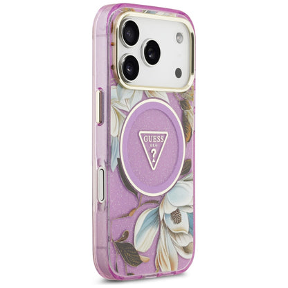 MagSafe-Hülle für Apple iPhone 18 Pro Max / 17 Pro Max, Guess, IML Metal Glitter Flowers Triangle, Lila
