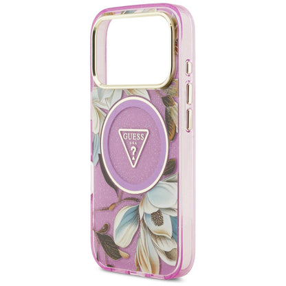 MagSafe-Hülle für Apple iPhone 18 Pro Max / 17 Pro Max, Guess, IML Metal Glitter Flowers Triangle, Lila