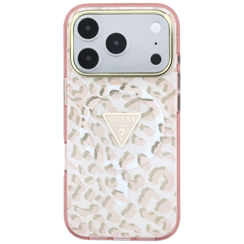 MagSafe-Hülle für Apple iPhone 18 Pro Max / 17 Pro Max, Guess, Leopard Glitter Dreieck Logo, Rosa