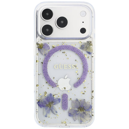 MagSafe-Hülle für Apple iPhone 18 Pro Max / 17 Pro Max, Guess, Harzblumen und Glitzer, Lila
