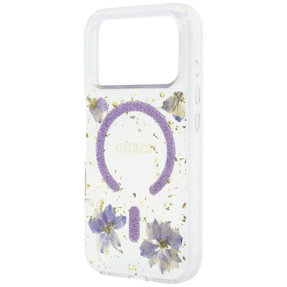 MagSafe-Hülle für Apple iPhone 18 Pro Max / 17 Pro Max, Guess, Harzblumen und Glitzer, Lila