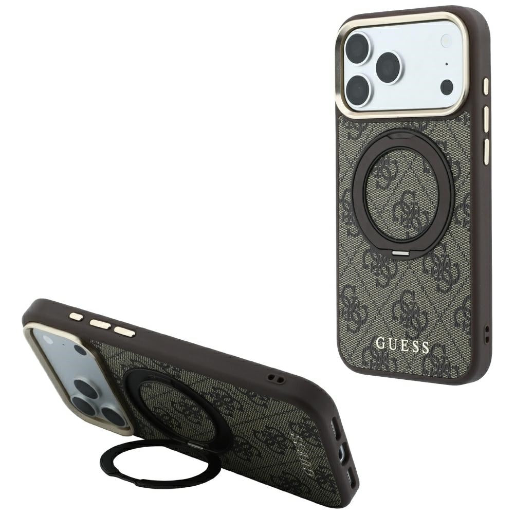 MagSafe Case for Apple iPhone 18 Pro Max / 17 Pro Max, Guess, Ring Stand 360 4G Classic Logo, Brown