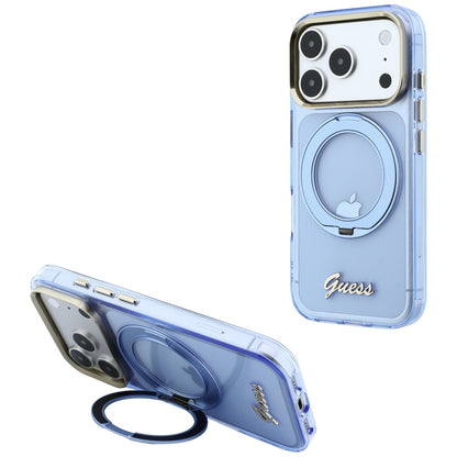 MagSafe-Hülle für Apple iPhone 18 Pro Max / 17 Pro Max, Guess, Ring Stand Script Metall-Logo, Blau