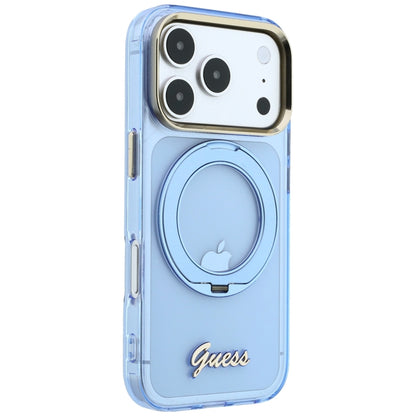 MagSafe-Hülle für Apple iPhone 18 Pro Max / 17 Pro Max, Guess, Ring Stand Script Metall-Logo, Blau
