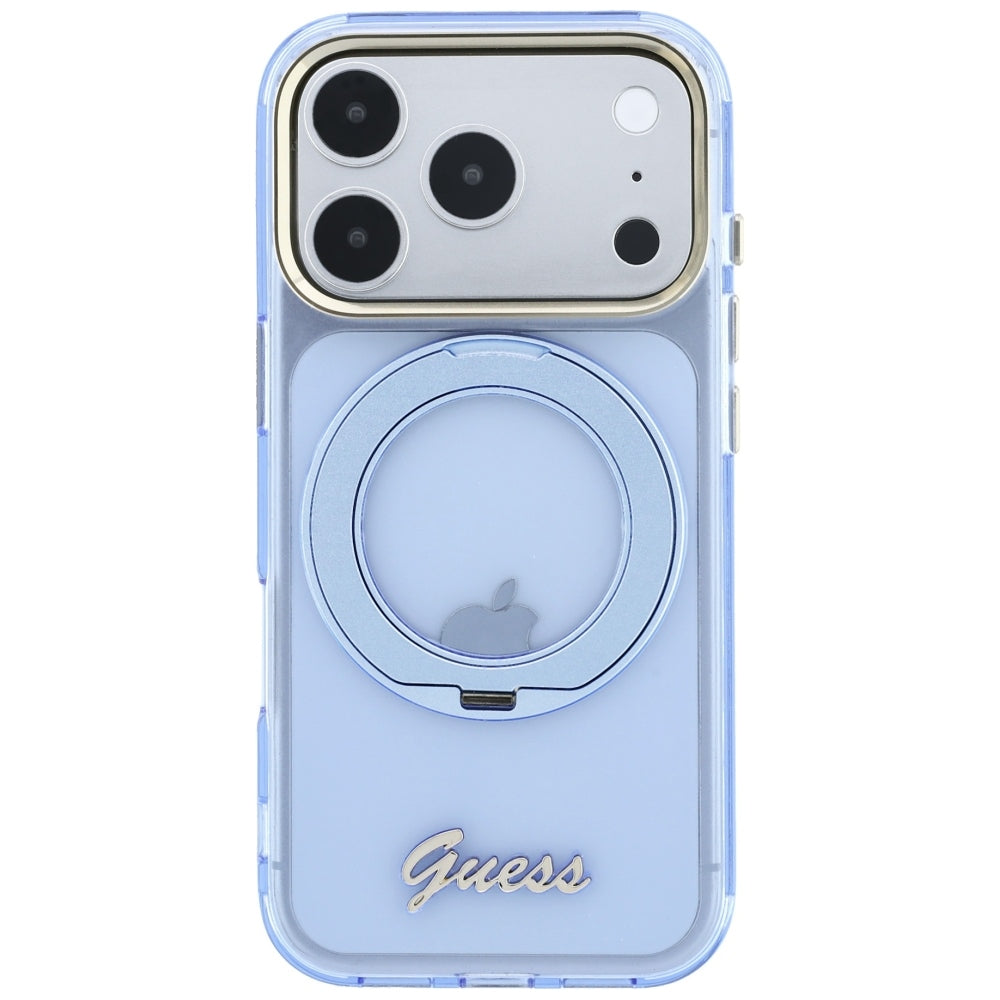 MagSafe-Hülle für Apple iPhone 18 Pro Max / 17 Pro Max, Guess, Ring Stand Script Metall-Logo, Blau