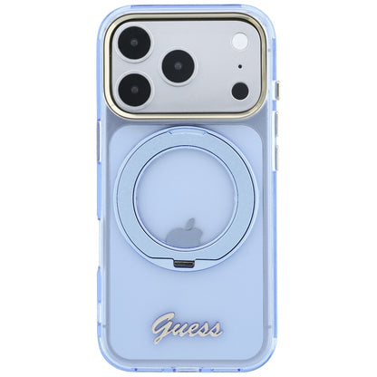MagSafe-Hülle für Apple iPhone 18 Pro Max / 17 Pro Max, Guess, Ring Stand Script Metall-Logo, Blau