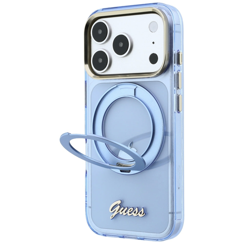 MagSafe-Hülle für Apple iPhone 18 Pro Max / 17 Pro Max, Guess, Ring Stand Script Metall-Logo, Blau