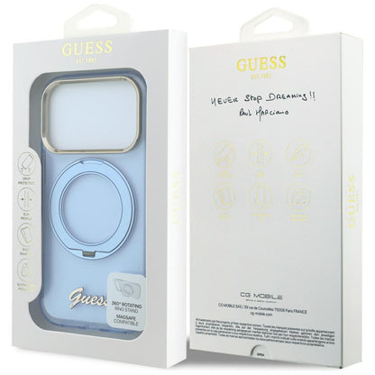 MagSafe-Hülle für Apple iPhone 18 Pro Max / 17 Pro Max, Guess, Ring Stand Script Metall-Logo, Blau
