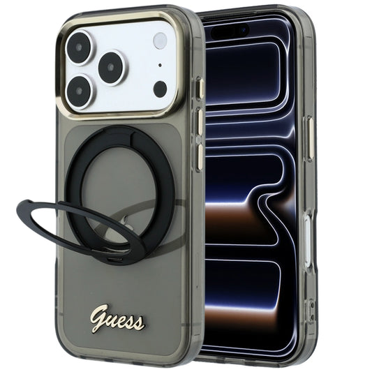 MagSafe-Hülle für Apple iPhone 18 Pro Max / 17 Pro Max, Guess, Ring Stand Script Metall-Logo, Schwarz