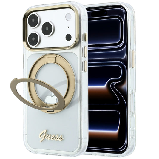 MagSafe-Hülle für Apple iPhone 18 Pro Max / 17 Pro Max, Guess, Ring Stand Script Metall-Logo, Transparent