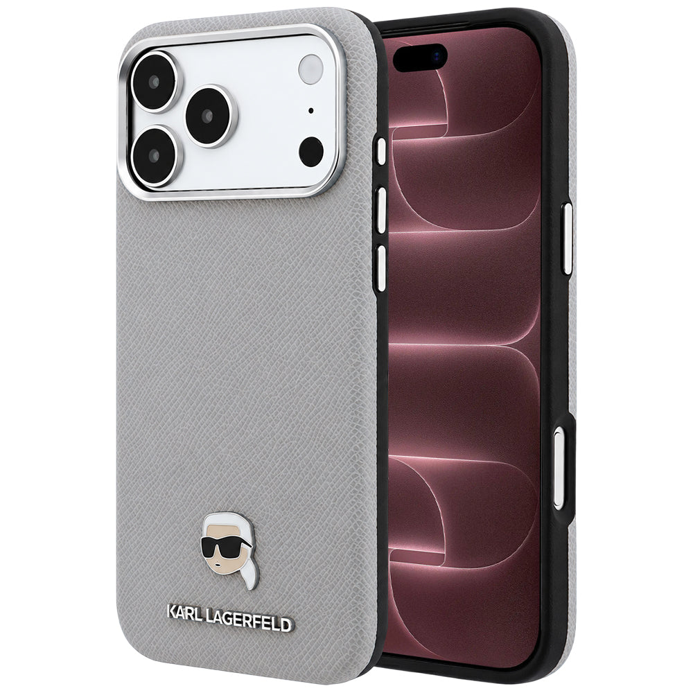 MagSafe-Hülle für Apple iPhone 18 Pro Max / 17 Pro Max, Karl Lagerfeld, genarbtes Karl Head's Metal, Grau
