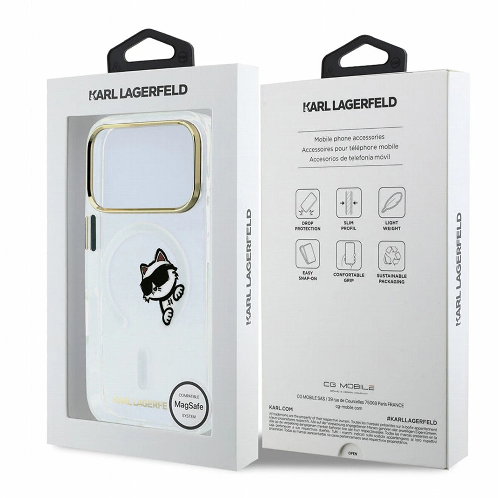 MagSafe-Hülle für Apple iPhone 18 Pro Max / 17 Pro Max, Karl Lagerfeld, IML Peekaboo Print und Metallrahmen, Transparent