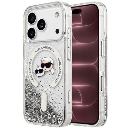 MagSafe Case for Apple iPhone 18 Pro Max / 17 Pro Max, Karl Lagerfeld, Liquid Glitter Karl & Choupette Head's, Transparent