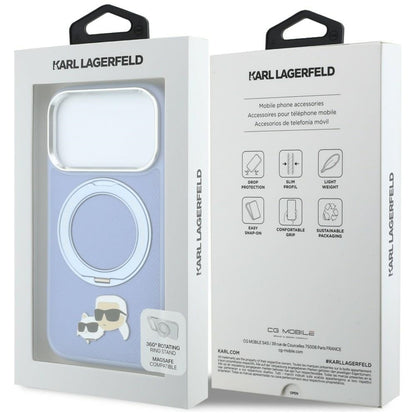 MagSafe Case for Apple iPhone 18 Pro Max / 17 Pro Max, Karl Lagerfeld, Ring Stand 360 Karl & Choupette Pin, Blue