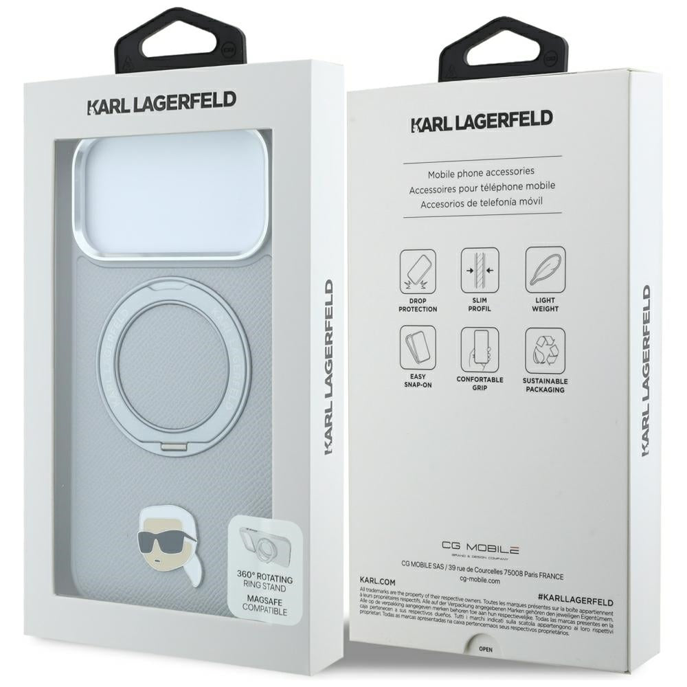 MagSafe-Hülle für Apple iPhone 18 Pro Max / 17 Pro Max, Karl Lagerfeld, Ring Stand 360 Karl Pin, Grau