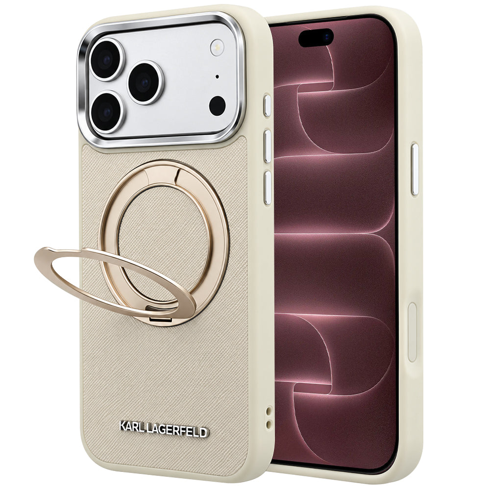 MagSafe Case for Apple iPhone 18 Pro Max / 17 Pro Max, Karl Lagerfeld, Ring Stand 360 Saffiano, Beige