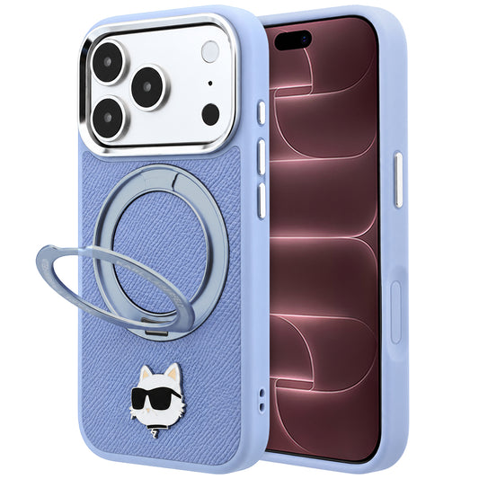 MagSafe-Hülle für Apple iPhone 18 Pro Max / 17 Pro Max, Karl Lagerfeld, Saffiano Ring Stand 360 Choupette Pin, Blau