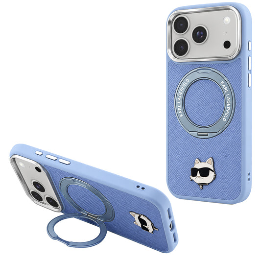 MagSafe-Hülle für Apple iPhone 18 Pro Max / 17 Pro Max, Karl Lagerfeld, Saffiano Ring Stand 360 Choupette Pin, Blau