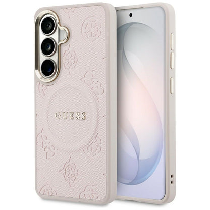 MagSafe Hülle für Samsung Galaxy S26 S942, Guess, Saffiano Peony Embossed Ring, Rosa